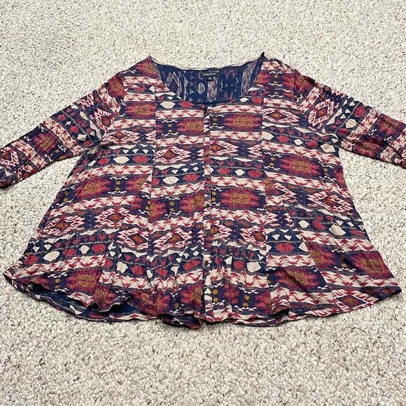 Lucky Brand Aztec Y2K Boho Button Down Blouse Sz 2X 3/4 Length Sleeves - Picture 1 of 8